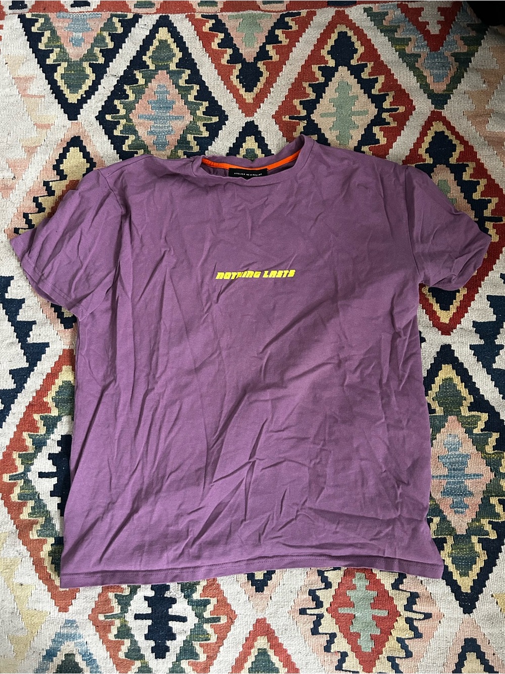New Regime “nothing last” purple Short Sleeve Graphic Tee with Yellow lettering